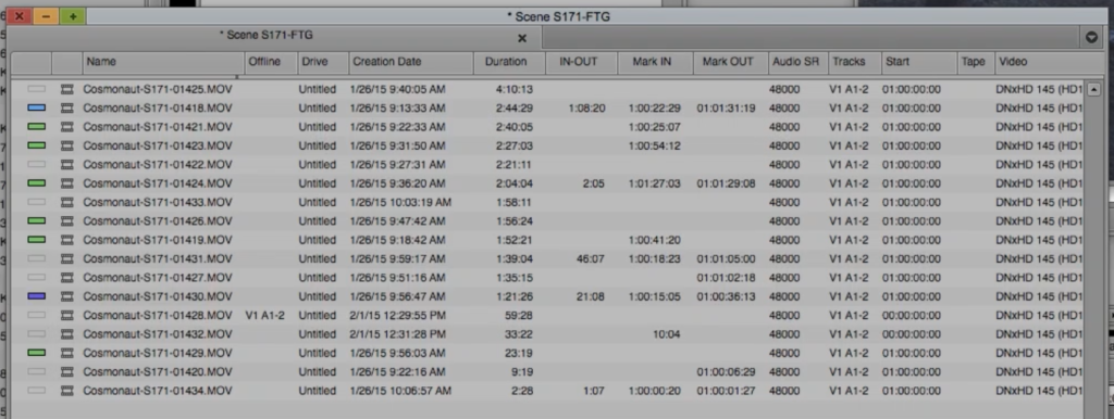 Avid Media Composer bin with clips containing in and out points