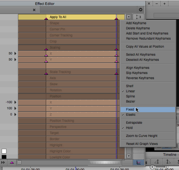 Avid Media Composer Effect Editor with keyframes selected