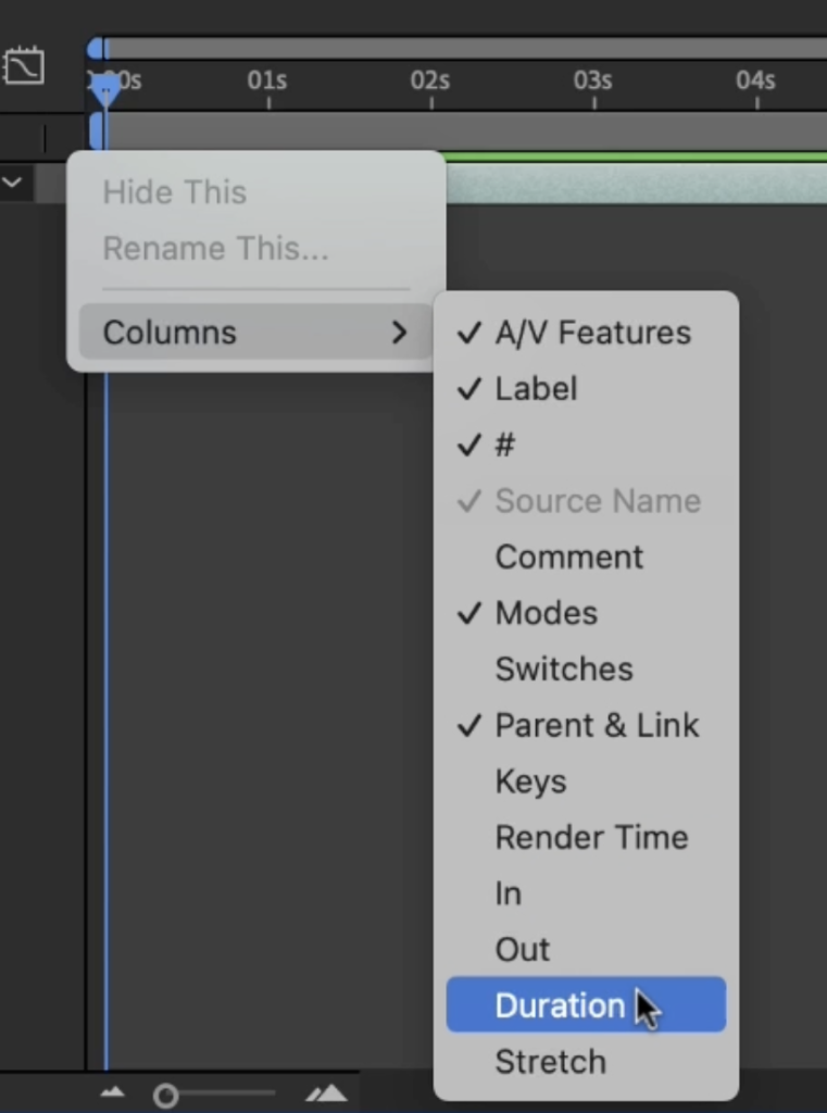 After Effects Columns menu with Duration selected