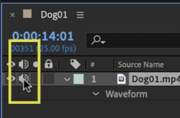 Layer in After Effects with audio turned on about to be turned off