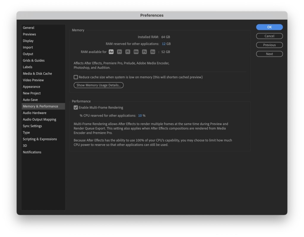 After Effects' Memory & Performance preferences to improve RAM playback when AE won't play entire Comp